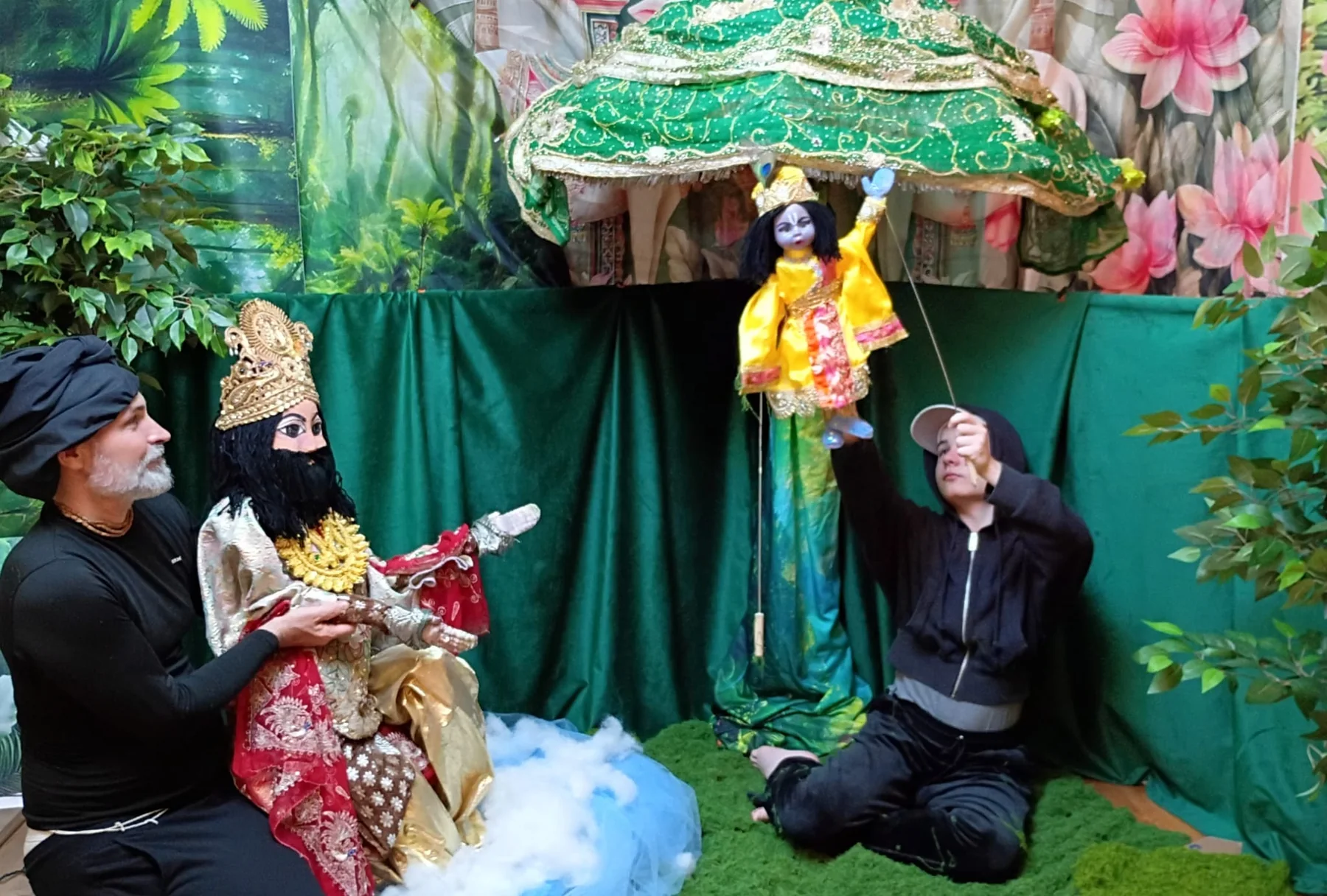 Handcrafted puppet scene under Govardhan Hill